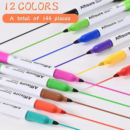 Affisure 12 Colors Permanent Markers， 144 Pack colored marker sets, Assorted Colors Marker，Fine Point， Permanent Markers Bulk, Fast Dry, Waterproof, work on Plastic, Glass, Metal, Wood and Stone