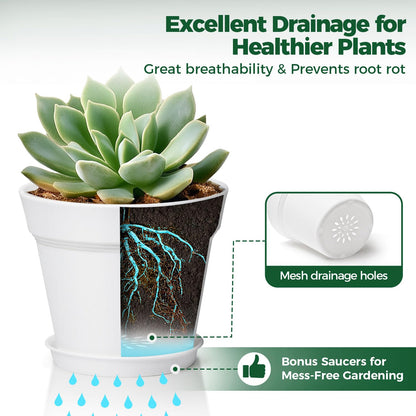 T4U Flower Pots 18-Pack, 5 Inch Plant Pot with Saucer and Drainage Hole, Durable Plastic Flower Pots, Small Pots for Plants, Violet, Succulent and Indoor Plant Decorative (18 Pack 5" Pot, White)