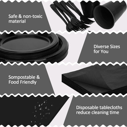 CLIYTICA Black Plastic Plates for Party,30 Guest Disposable Plastic Plate Set 9" Plates,7" Dessert Plates,Napkins,Cups,Forks & Tablecloth for Birthday,Halloween,Christmas,Graduations
