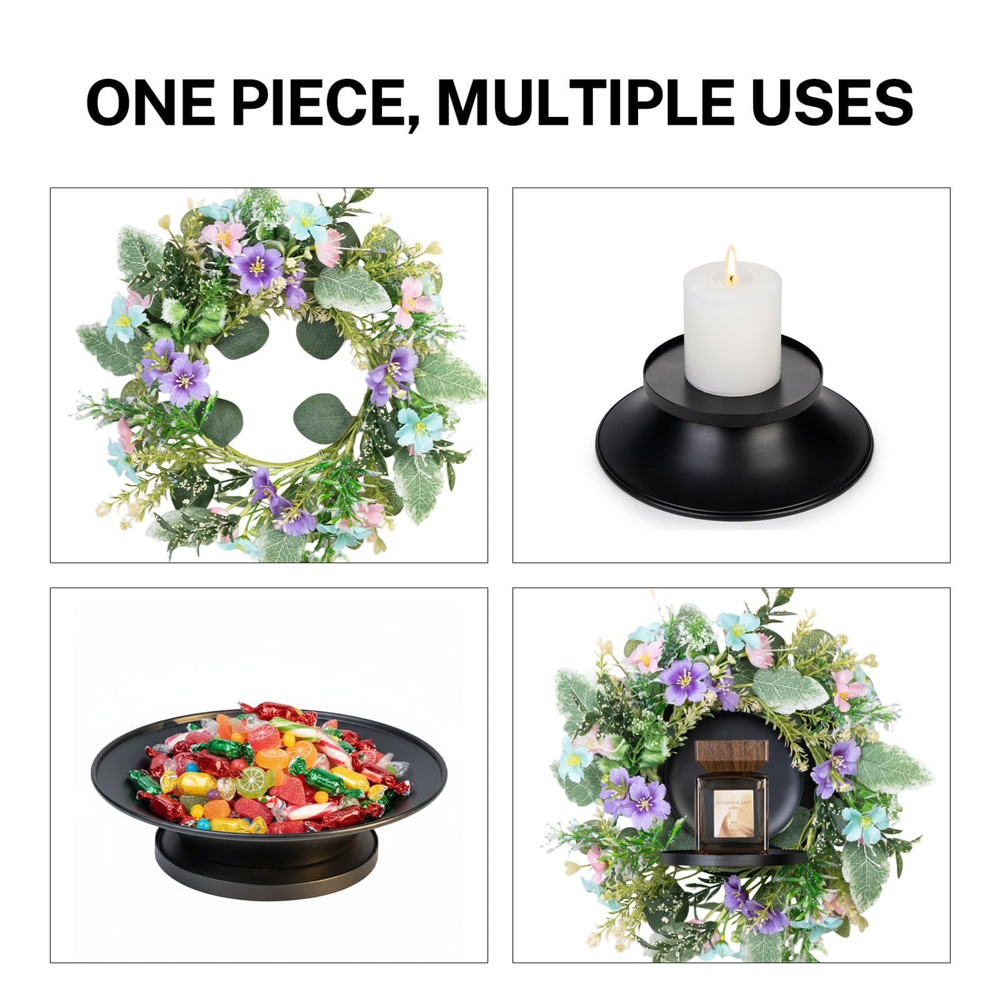 MOYEE Summer Centerpieces for Tables Wreath with Candle Holder,Candle Ring, Black Metal Candlestick with an Artificial Wreaths 14 in Versatile Dining Table Centrepiece (Blue and Purple Flower Wreath)