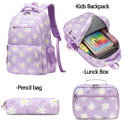 Sugaroom Daisy Prints School Backpack for Girls Backpack with Lunch Box Lightweight Water Resistant Kids Backpack Elementary Primary Middle School Bags Bookbags Set