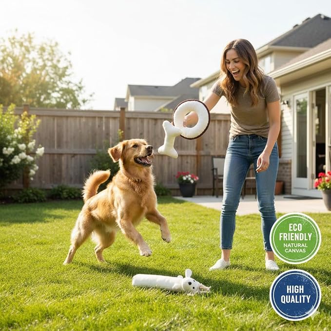 Durable Tough Cotton Canvas Squeaky Dog Toys, Eco-Friendly Interactive 3-Pack Chew Toy Set for Small, Medium & Large Dogs, Harry the Hound, T-Bone & Donut Disk