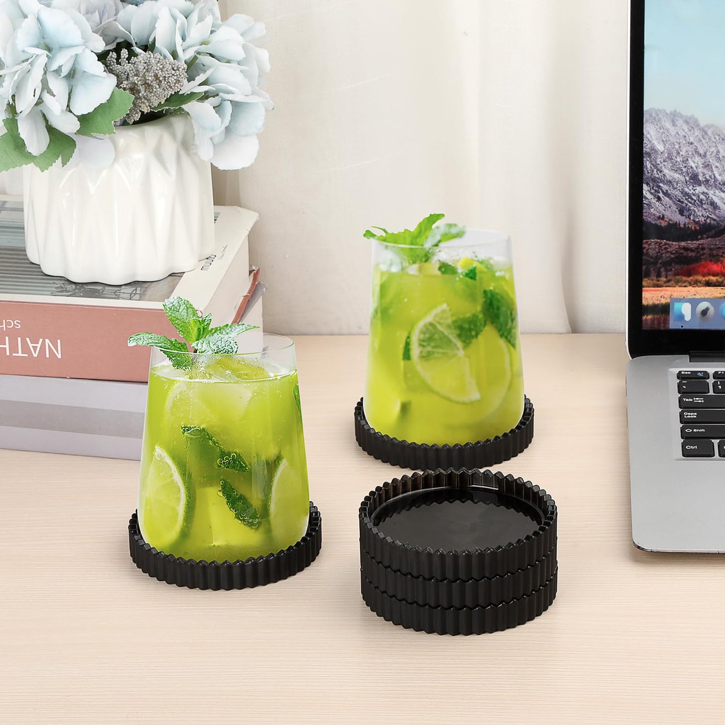 OGANAZI Glass Black Coaster Set of 5- Coasters for Glass Table Black Coasters Modern Round Cup Mats Coffee Table Decor for Kitchen, Bar, Dining Room, Living Room, Office