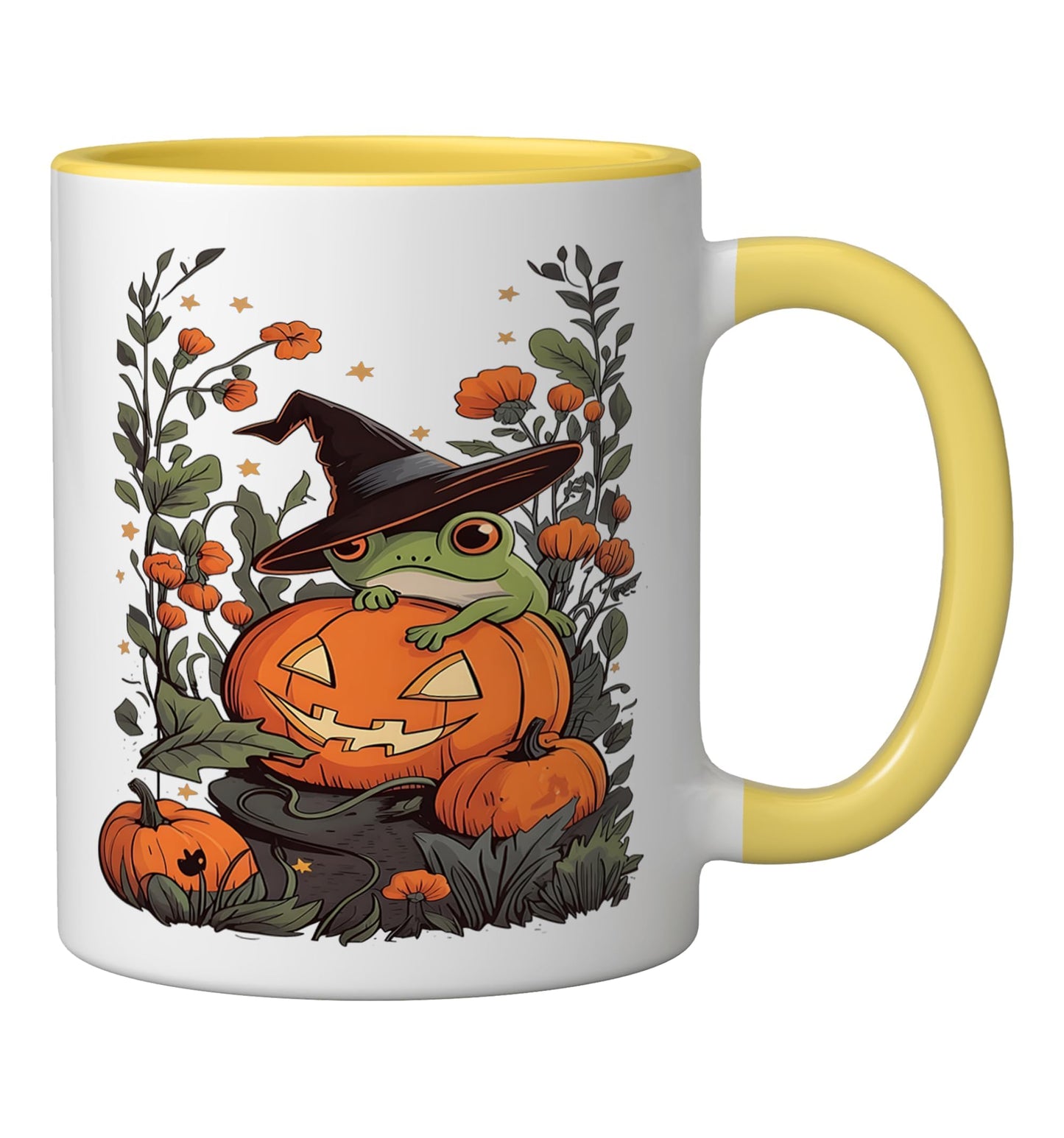 Halloween Frog Witch Hat Jack-o-Lantern Orange Flower Fall Ceramic Mug, Yellow/White