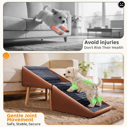 Dog Stairs for Small, Medium, Large Dogs & Cats, 17" H 4‑Step Foldable 2‑in‑1 Wooden Pet Steps with Split Ottoman Design, Non‑Slip Dog Ramp for Couch Bed Sofa for Puppy Senior Injured Pets