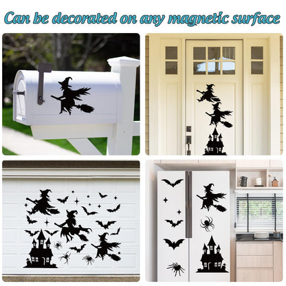JarThenaAMCS 31Pcs Halloween Garage Decoration Magnet Stickers Black Witch Bat Spider Castle Star Refrigerator Decals for Party Home Door Car Dishwasher Decor