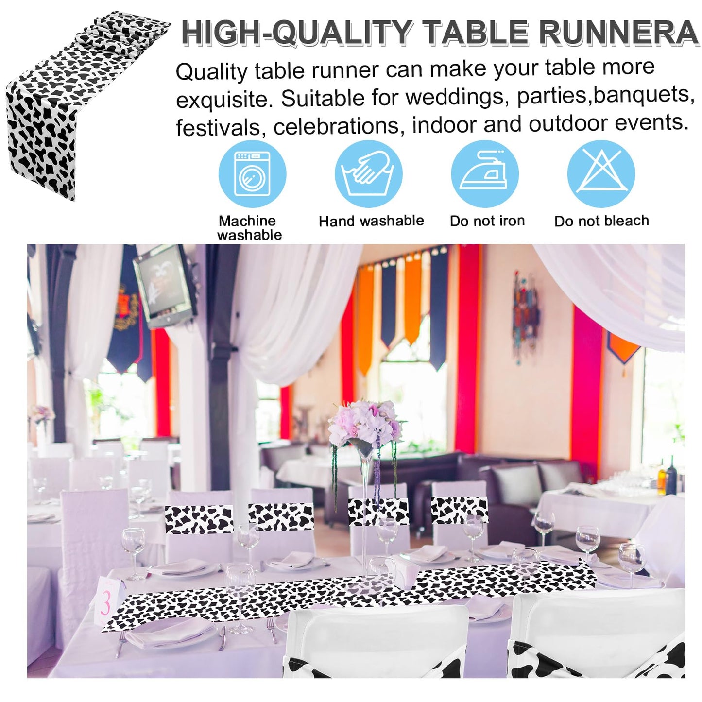 Newwiee 48 Stretch Chair Cover Sashes with 6 Table Runner 6 x 14 Inch Elastic Chair Band Ties 14 x 108 Inch Table Runner for Family Banquet Party Decoration(Cow Stripe)