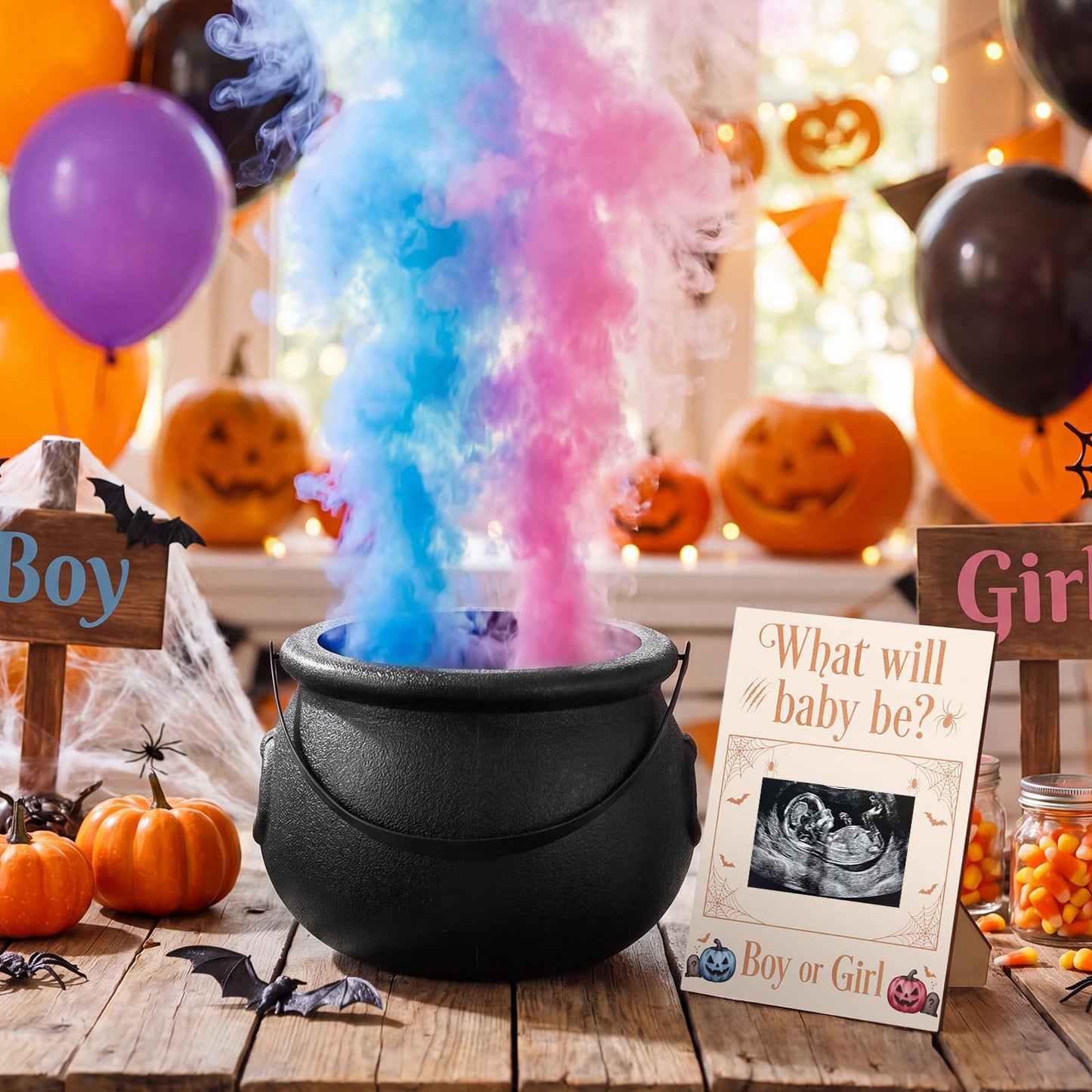 Pinkunn Halloween Black Jar Gender Reveal Games Decoration Set with Ultrasound Photo Frame Plastic Jar Witch Party Spooky What Will Baby Be Table Centerpiece Decor Theme Prop
