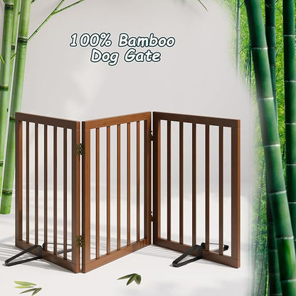Freestanding Dog Gates Indoor, 3-Panel Pet Gates with 2 Metal Stands and 360° Hinge, 24" H Foldable Dog Gate for Stairs, Doorway, Kitchen, Expands Up to 55" Fully Assembled - Black Walnut