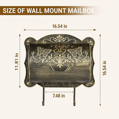 Wall Mount Mailbox with Newspaper Holder, Upgraded Embossed Vintage Mailbox Wall Mount, Butterfly & Floral Decorative Front Porch Antique Mailboxes, Mail Boxes for House Outside Garden