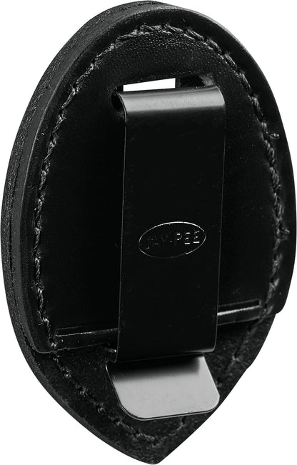 JAY-PEE Teardrop Leather Badge Holder with Belt Clip, Tactical Black Leather Carrier with Hook and Loop Closure, Belt Mounted Law Enforcement Badge Holder, Security Duty Gear Accessory, Made in USA