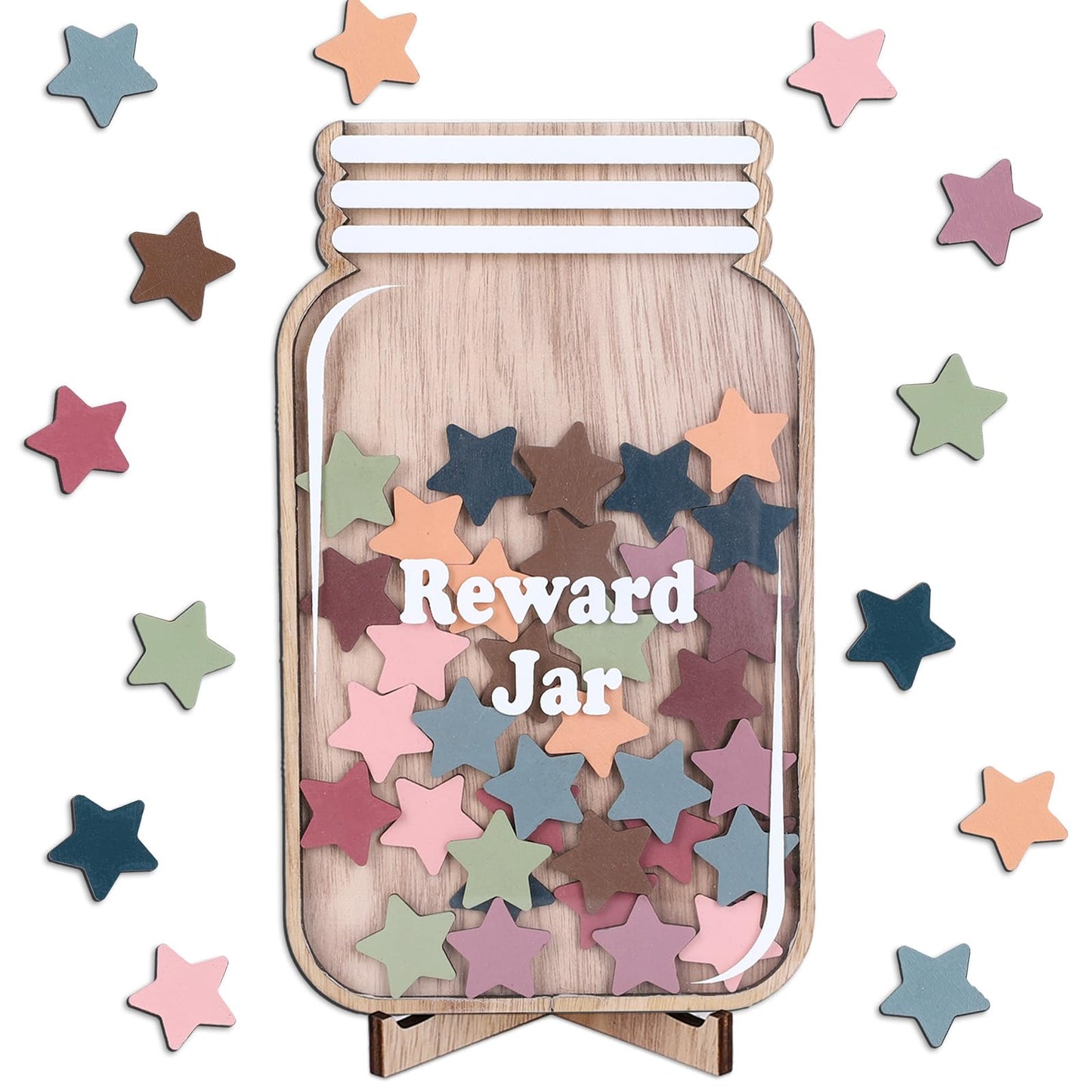 JarThenaAMCS Wooden Reward Jar for Kids Boho Stars Cutouts Positive Incentive Behavior Chart with Base Management Tools Decoration Reward System for Student Teacher School Classroom Supplies, 38Pcs