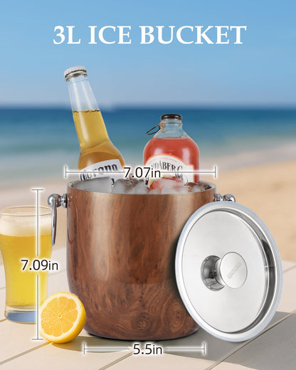 Golden Cudgel Insulated Ice Bucket, 3L Double Wall Stainless Steel Ice Bucket with Tongs,Lid, Scoop and Strainer, Ice Buckets for Parties,Cocktail Bars, Chilling Beer, Champagne, Wine Bottles,Wood