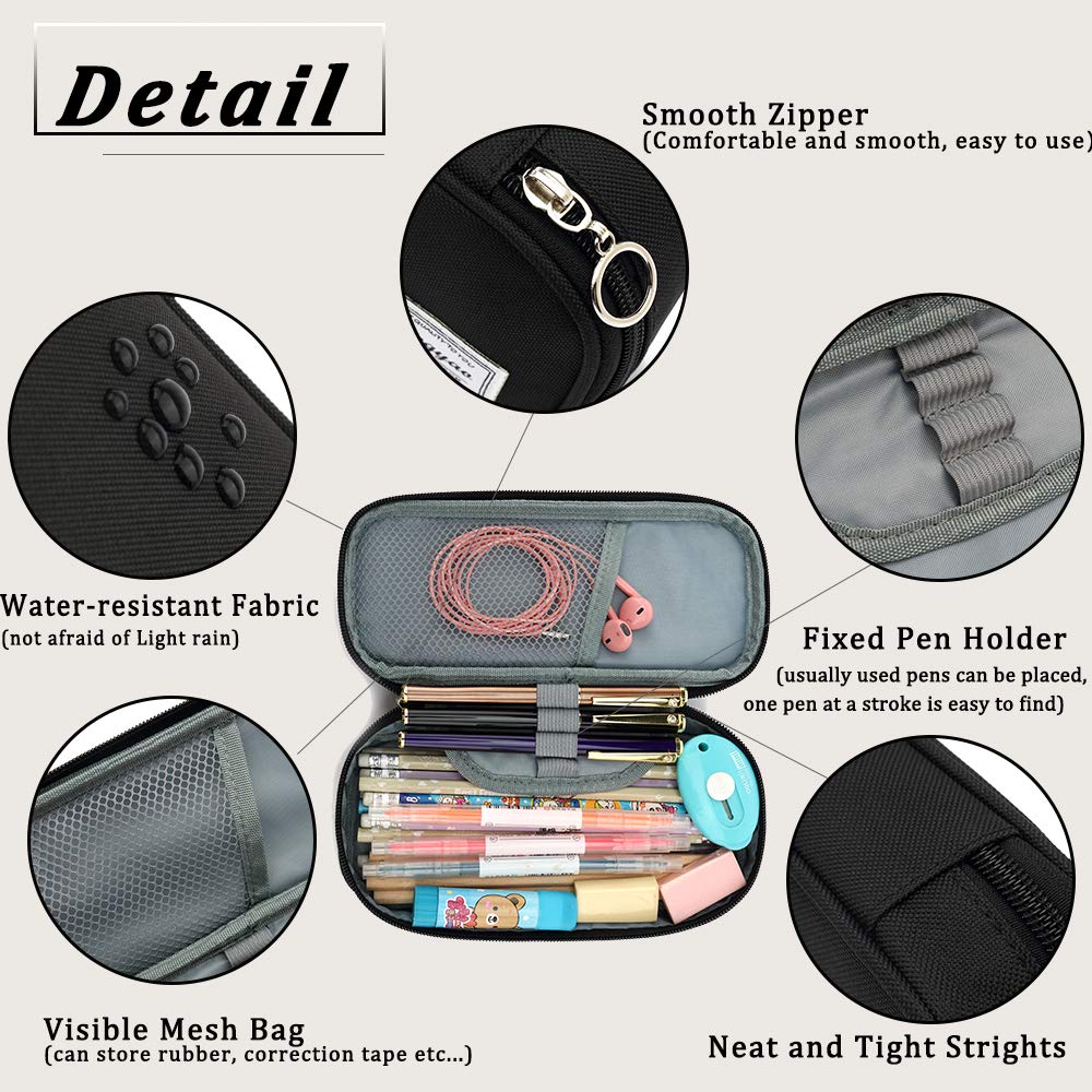 FUXINGYAO Pencil Case, Multi- Slot Pencil Pouch, Portable Pencil Bag, Pen Case for& Office(Black)
