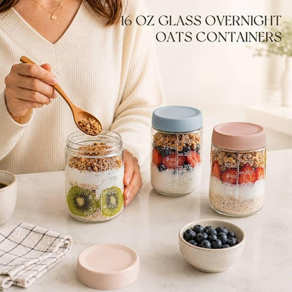 KEMORELA 6-Pack 16oz Overnight Oats Containers with Lids, Wide Mouth Glass Mason Jars with Airtight Lids, Reusable Glass Food Storage Containers for Yogurt, Chia Pudding, Salad, and Pickles