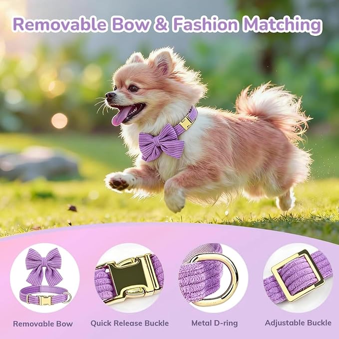 Small Dog Collar Harness and Leash Set with Bowtie, Adjustable Dog Harness Collar and Leash Set with Secure Metal Buckle, Breathable Cotton Adjustable Pet Puppy Harness, Easy Walk Harness, M(16-21")