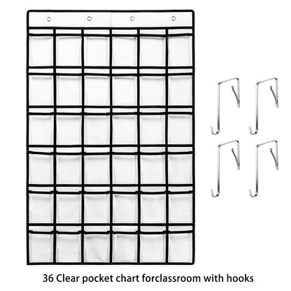 SAVERHO 36 Clear Pockets Classroom Pocket Chart for Cell Phones, Pocket Chart for Calculator Phone Holder with 36 Number Stickers and Hooks (White)