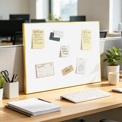 QUEENLINK Linen Bulletin Board 36" x 24", White Fabric Pin Board with Gold Aluminum Frame, Decorative Vision Board for Home Office, Bedroom & Dorm Wall Decor, Includes 10 Push Pins