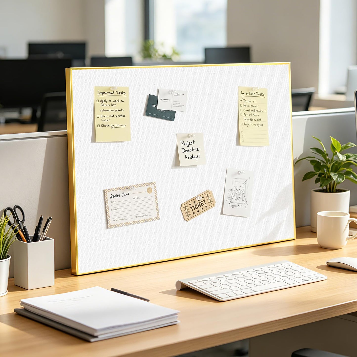 QUEENLINK Linen Bulletin Board 24 x18 Inches, White Pin Board Vision Board, Gold Aluminum Framed Fabric Cork Board for Home Office Wall Decor, 10 Push Pins