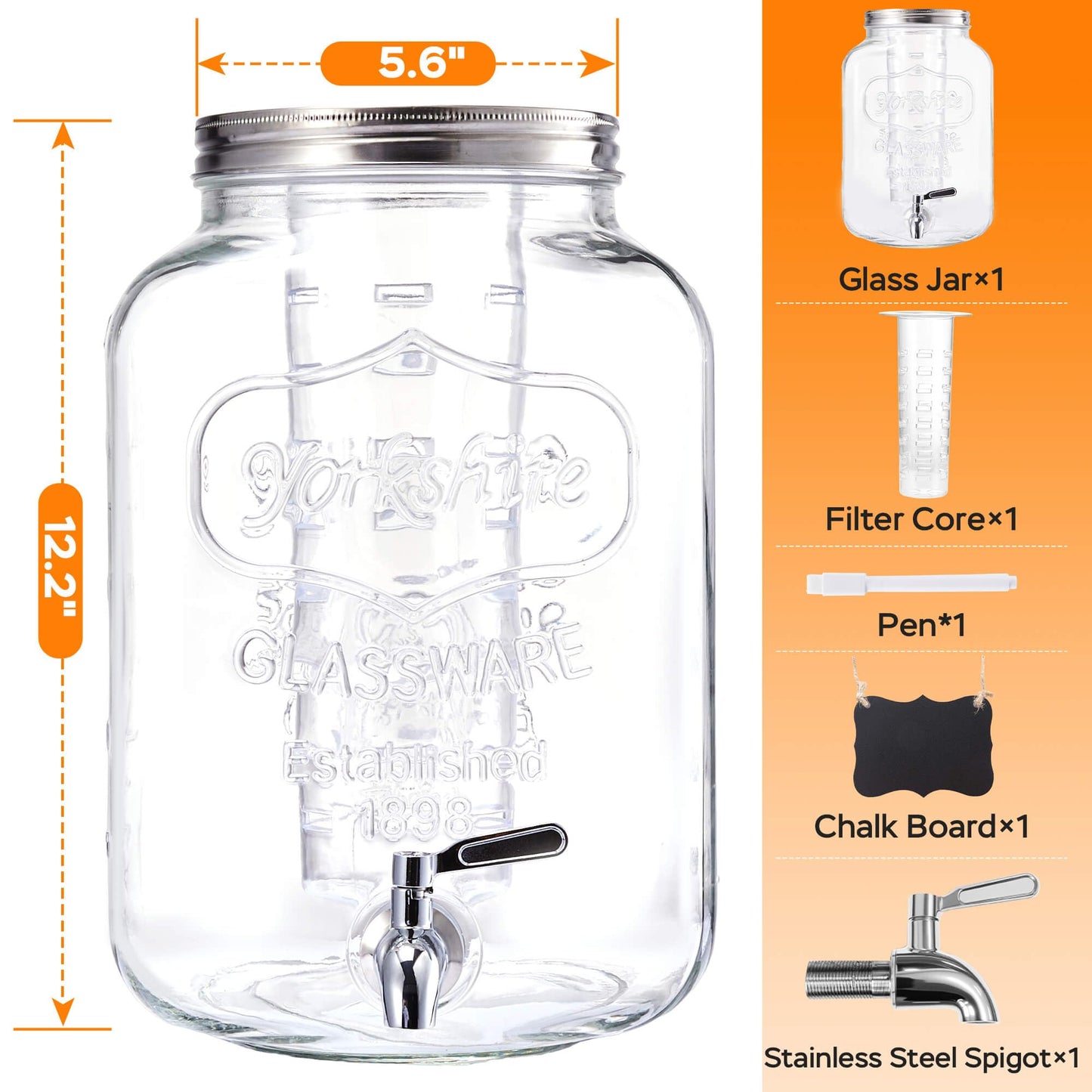 2 Gallon Glass Drink Dispenser for Parties, Beverage Dispenser, Lemonade Dispenser with 18/8 Stainless Steel Spigot, Leakproof for Sun Tea, Juice, Picnic, BBQ & Bars