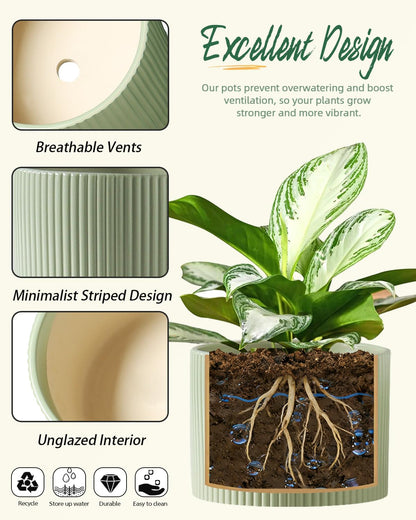 Swkien Ceramic Plant Pots, 8.1 + 6 Inch Planters for Indoor Plants, Modern Flower Pot for Plant with Drainage, Medium Cylinder Flower Pots for Indoor/Outdoor, House Plants, Matte Green