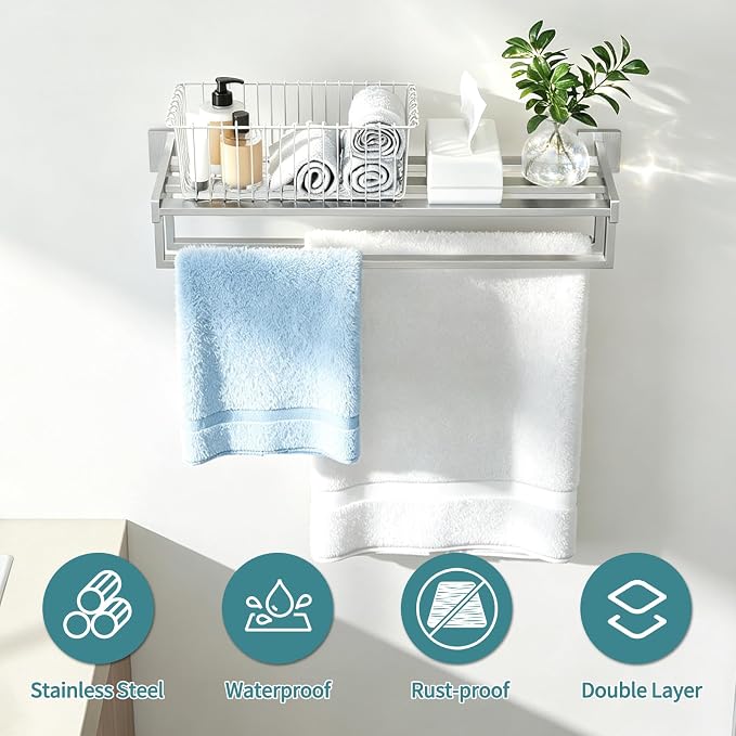 Towel Racks for Bathroom Wall Mounted, 24 Inch Double Towel Bar, Dual Towel Rack with Shelf, Stainless Steel Hand Towel Hanger, Bath Towel Holder for Wall, Brushed Nickel