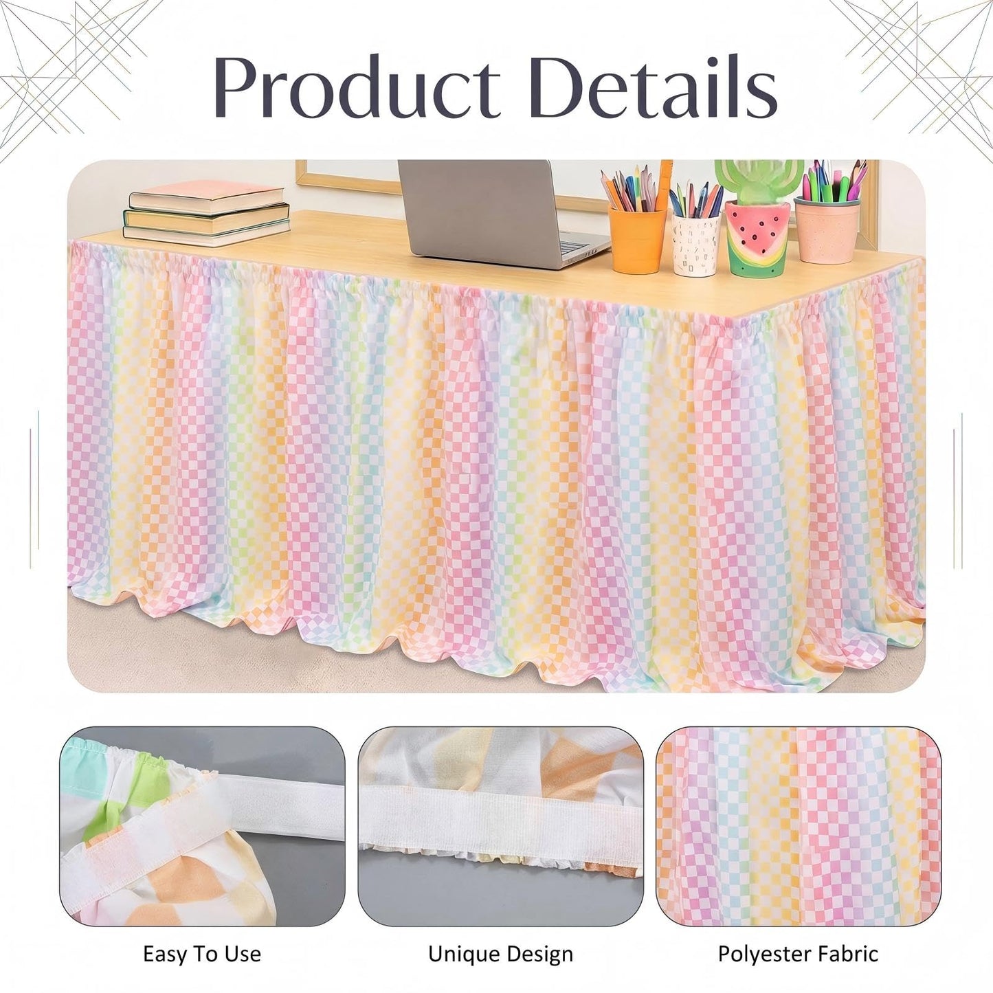 Breling Teacher Desk Skirts 6 ft Checkered Table Skirt Pastel Ruffled Table Skirt Back to School Supplies for Classroom Teacher Office Desk Decor