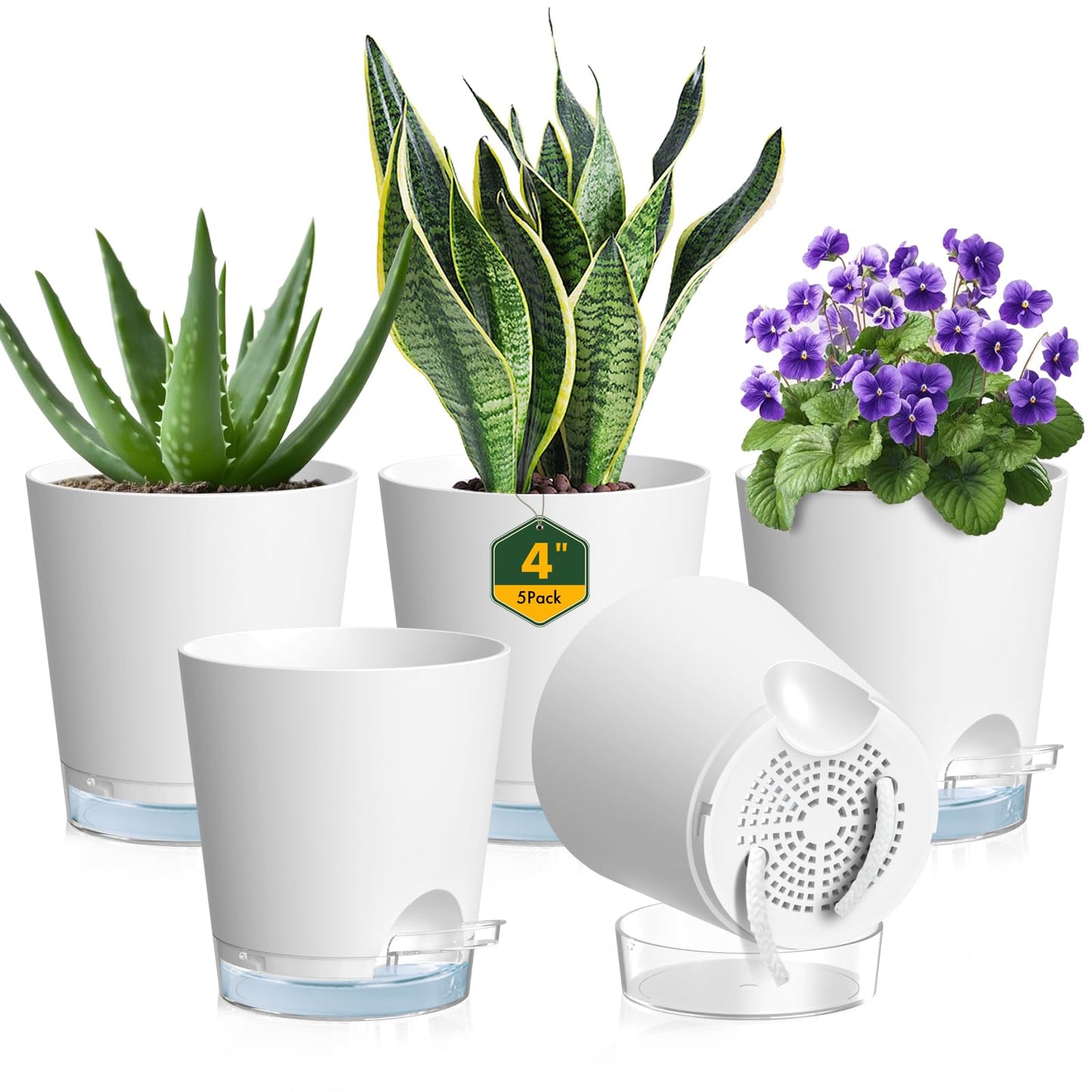 Meowell 4 inch Self Watering Pots for Indoor Plants, 5 Pack Small Flower Plant Pots with Drainage Holes and Clear Reservoirs, Visible Water Level, Plastic Planters with Wicking Rope, White
