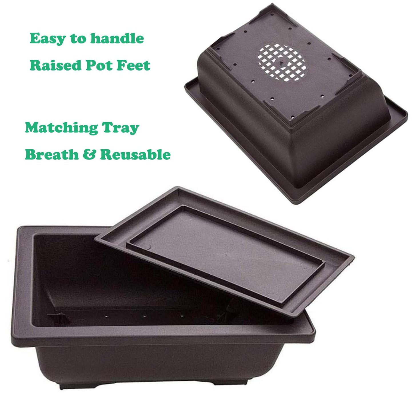 6 Packs Bonsai Training Pots with Trays 6.3 Inch Nursery Pots with Drainage Plastic Bonsai, Come with 12pcs Plant Labels, Rectangle Bonsai Flower Growing for Home Garden, Yard, Balcony, Office (s)