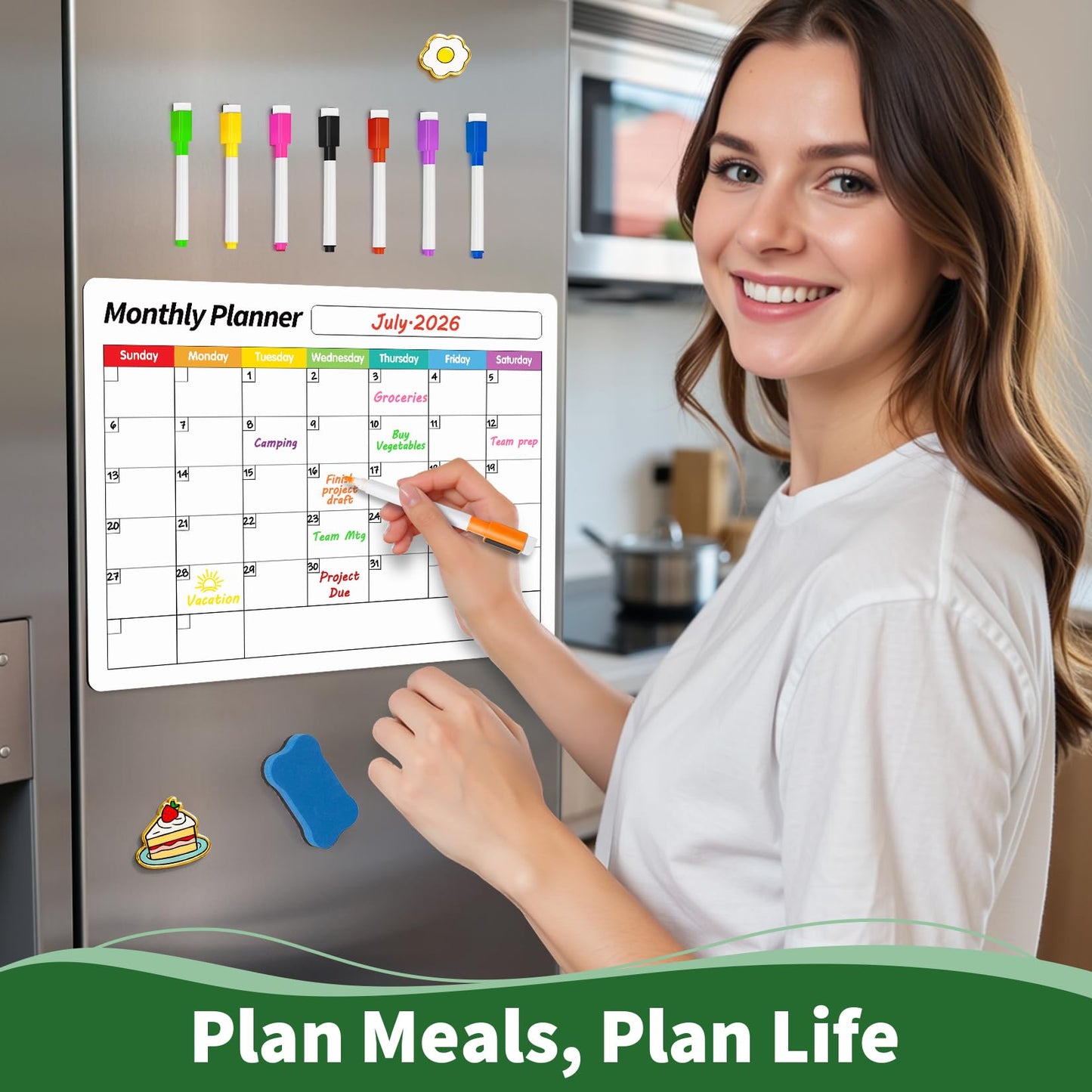 FINDMAG 4 Pack Magnetic Whiteboard for Fridge, 16.5"x11.8" Magnetic Calendar for Planner 2026, Kitchen White Board, Fridge Calendar for Cleaning Schedule and Checklist(1 Eraser, 8 Markers)