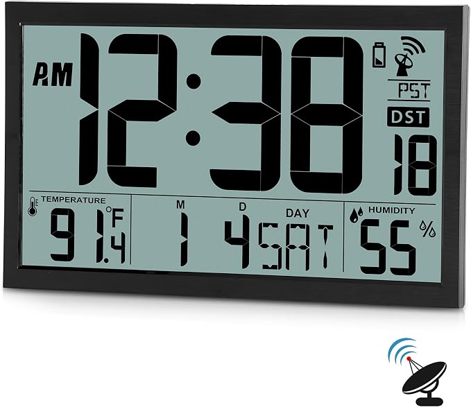 SZELAM Atomic Clock,16.7" Large Display Digital Wall Clock Battery Operated,Digital Calendar Auto Setting Desk Clocks with Indoor Temperature, Humidity,Date,Day,Auto DST for Elderly Bedroom Classroom
