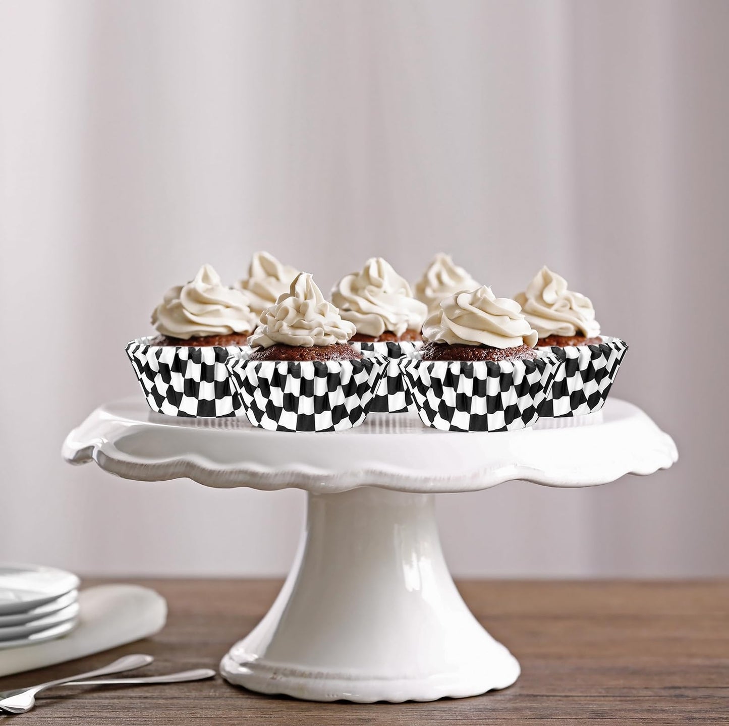 Whaline 300Pcs Checkered Cupcake Liner White Black Baking Cup Checkerboard Muffin Liner Race Car Cake Paper Cup Container for Party DIY Craft, 2x1.2 Inch