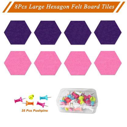 HULAVO Large Hexagon Felt Cork Board Tiles, Self Adhesive DIY Felt Bulletin Board Pin Board with 35 Pushpins for Office School Home Wall Decor Stickers Memos Photos Display(Purple+Pink)