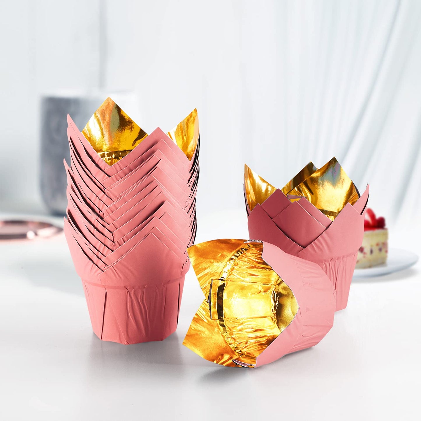 Party Hippo Gold Tulip Cupcake Liners, 100 Count Baking Paper Cups, Greaseproof Cupcake Wrappers for Muffins, Cupcakes, Wedding, Birthday, Baby Shower
