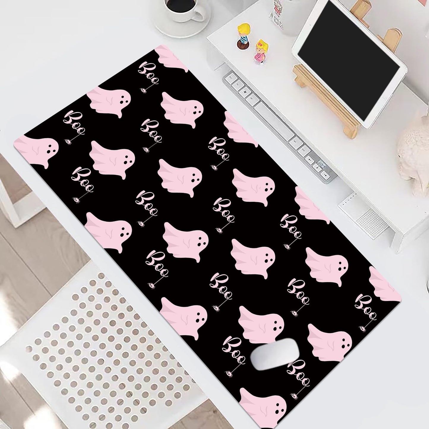 LB Funny Halloween Mouse Pad Cute Pink Ghost on Black Desk Mat for Keyboard and Mouse Desk Pad Large Gaming Mousepad Rubber Base Mouse Pad for Laptop Gaming Office Computer and Home, 31.5x15.7 inch