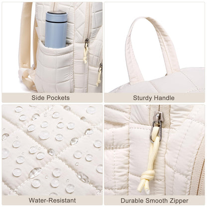 kadilong Laptop Backpack for Women College Travel,Quilted Daypack Bookbag for School Teen Girls Mochilas Mujer,Beige