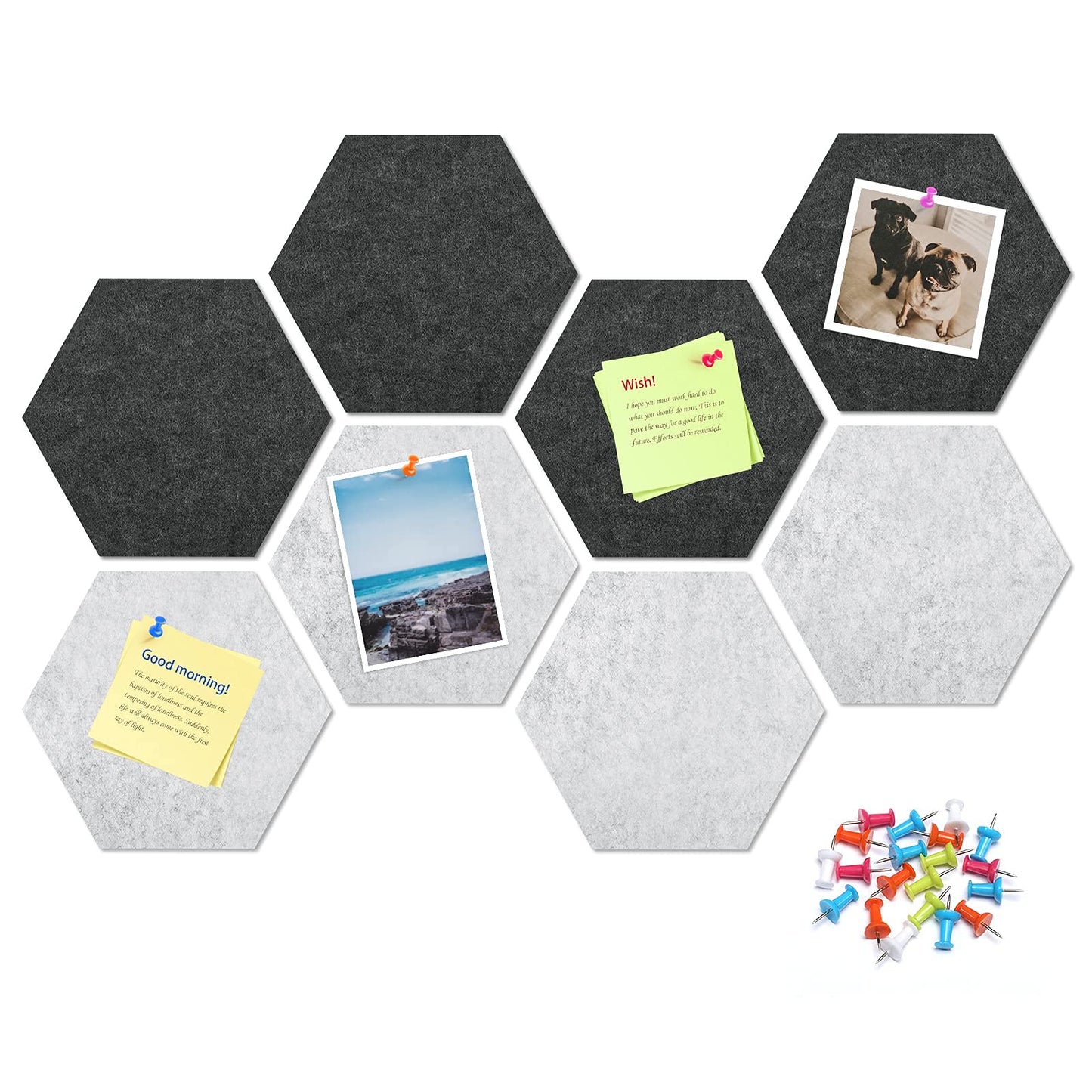 Uoisaiko 8 Pack Hexagon Felt Bulletin Board Tiles - 12" Large Thick Pin Board for Walls with 30 Push Pins, DIY Boards for Office Home School Decor, Aesthetic Hex Cork Board Alternative