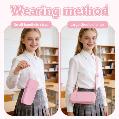 YAYAYOUNG Silicone Pink Bow Pencil Case with Hand strap & Shoulder Strap, Large Capacity Zipper Pen Pouch Organizer, Cute School Supplies for Teens Girls & Women