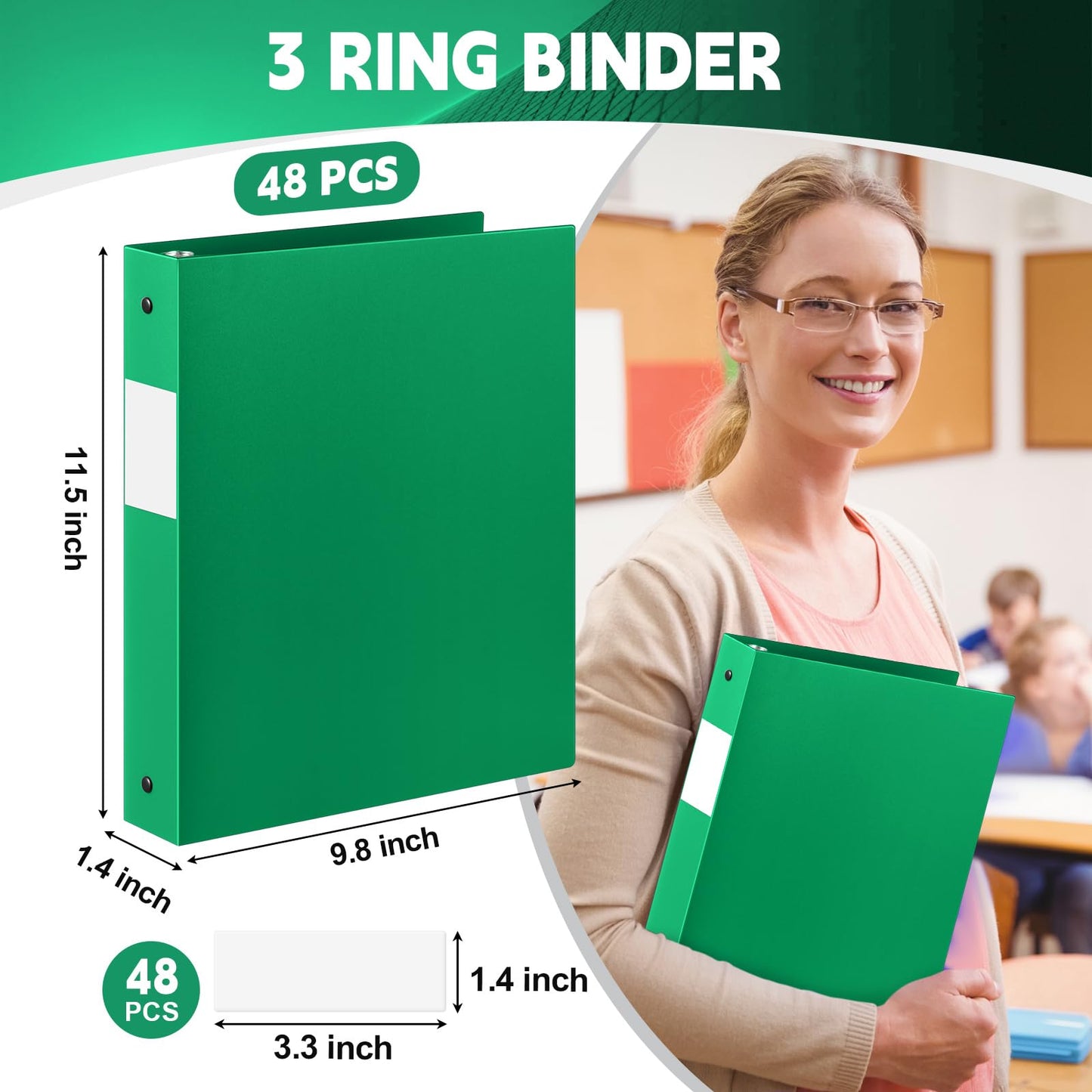 Henoyso 48 Pack 1 Inch 3 Ring Plastic Binders, Bulk Flexible PP Binders for Classroom & School Supplies, Letter Size 8.5 x 11, Holds 240 Sheets with Interior Pocket (Green)