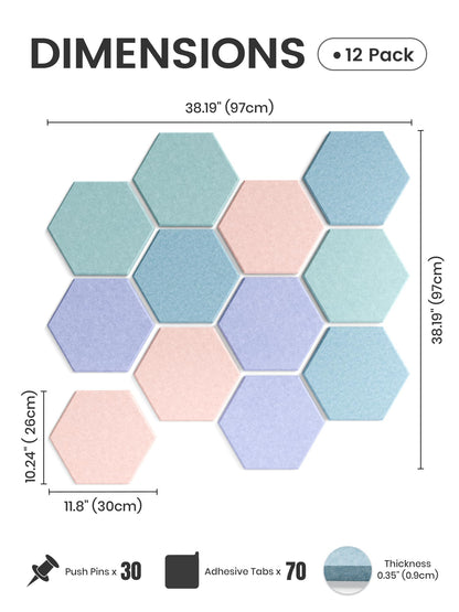 Fluxynara Hexagon Cork Board Alternative for Walls Decor-12-Pack Felt Bulletin Board Tiles,with 30 Pushpins,70 Adhesive Tabs for Office,Classrooms & Home Pin Board Felt Board-Coastal Haze