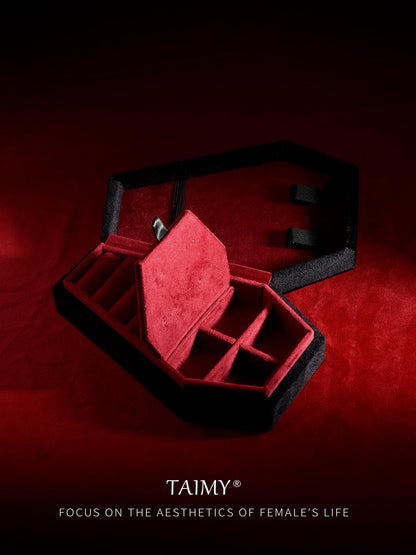 TAIMY Coffin Jewelry Box, Mini Coffin Shaped Gothic Jewelry Case, Plush Velvet Small Jewelry Organizer for Earrings Rings Necklaces Bracelets(Black-Red)