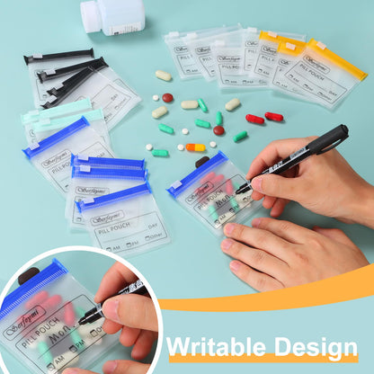 Serfeymi 32 Pcs Zippered Pill Pouches Organizer Plastic Bags 3 X 3 Inches 12 mil Self Sealing with Slide Lock Writable Label Translucent Travel Medicine Storage Bag Case and 1 Pc Marker-Blue