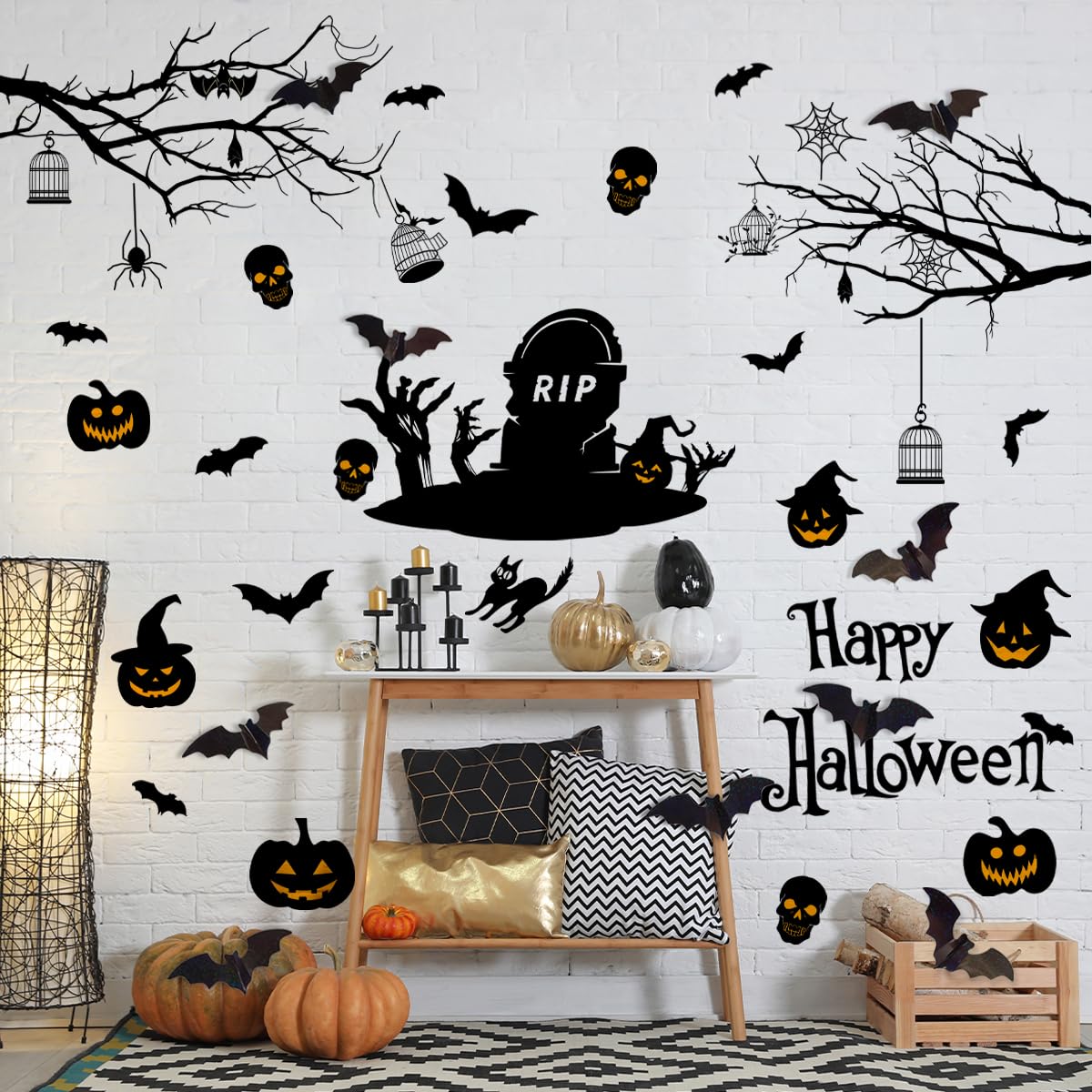 Happy Halloween Wall Decals DIY Black Tree Branches Bat Wall Stickers Funny Boo Pumpkin PVC Home Decal Self-Adhesive Festival Decoration for Holiday Home Party Classroom Office