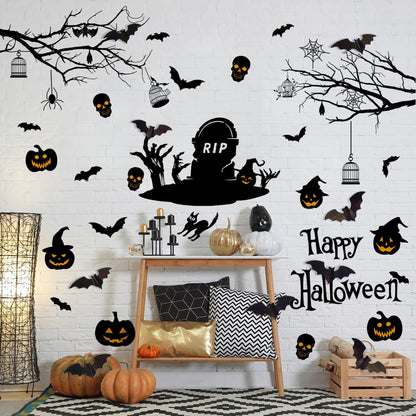 Happy Halloween Wall Decals DIY Black Tree Branches Bat Wall Stickers Funny Boo Pumpkin PVC Home Decal Self-Adhesive Festival Decoration for Holiday Home Party Classroom Office