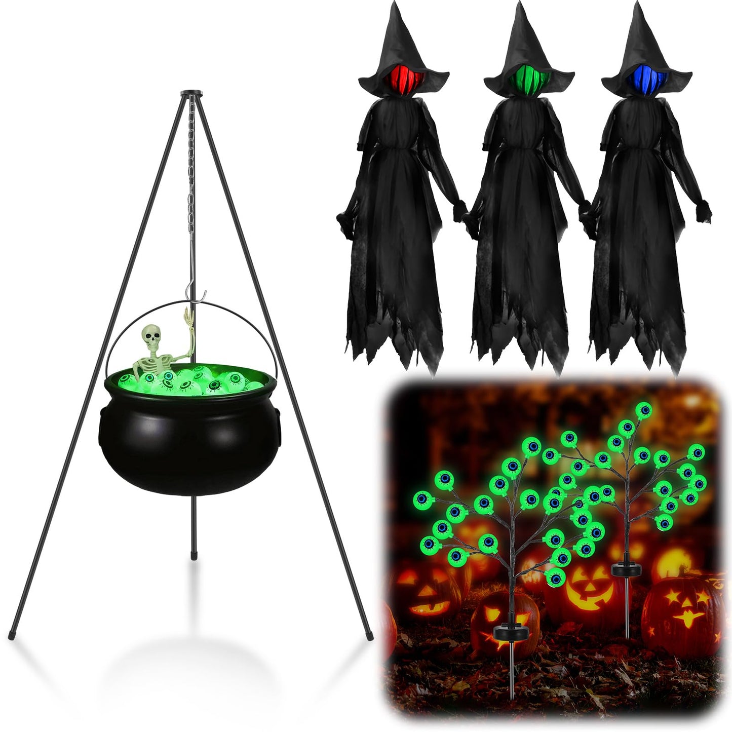 MiniInflat 6 Pack Halloween Decorations Outdoor Included Large Witches Cauldron on Tripod with String Light Eyeball and Skeleton 3 Pcs 6 ft Lighted Witch Stakes 2 Pcs Solar Eyeball Light for Yard Lawn