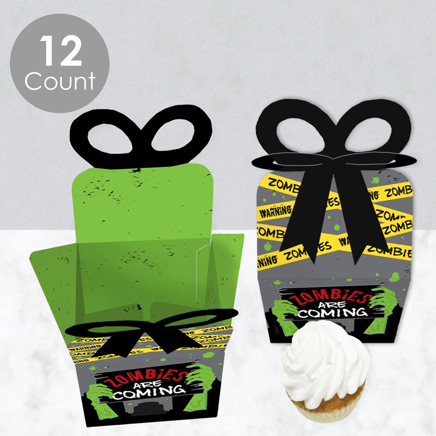 Big Dot of Happiness Zombie Zone - Square Favor Gift Boxes - Halloween or Birthday Zombie Crawl Party Bow Boxes - Set of 12
