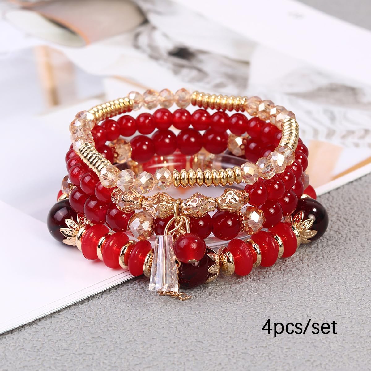 LOTSOF Bohemian Green Jade Stackable Bracelet Set - 4-Layer Stretch Beaded Bracelets with Gold Accents, Boho Jewelry for Women, Fashion Statement Accessory (Gift Ready) (Red)