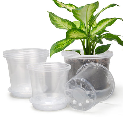 OUPSAUI 8/7/6 Inch Clear Nursery Pots with Drainage and Trays, 9 Pack Large Plastic Pots for Plant, Seedling Starter Pot, Garden Pots for Succulents Flower Vegetables Herb
