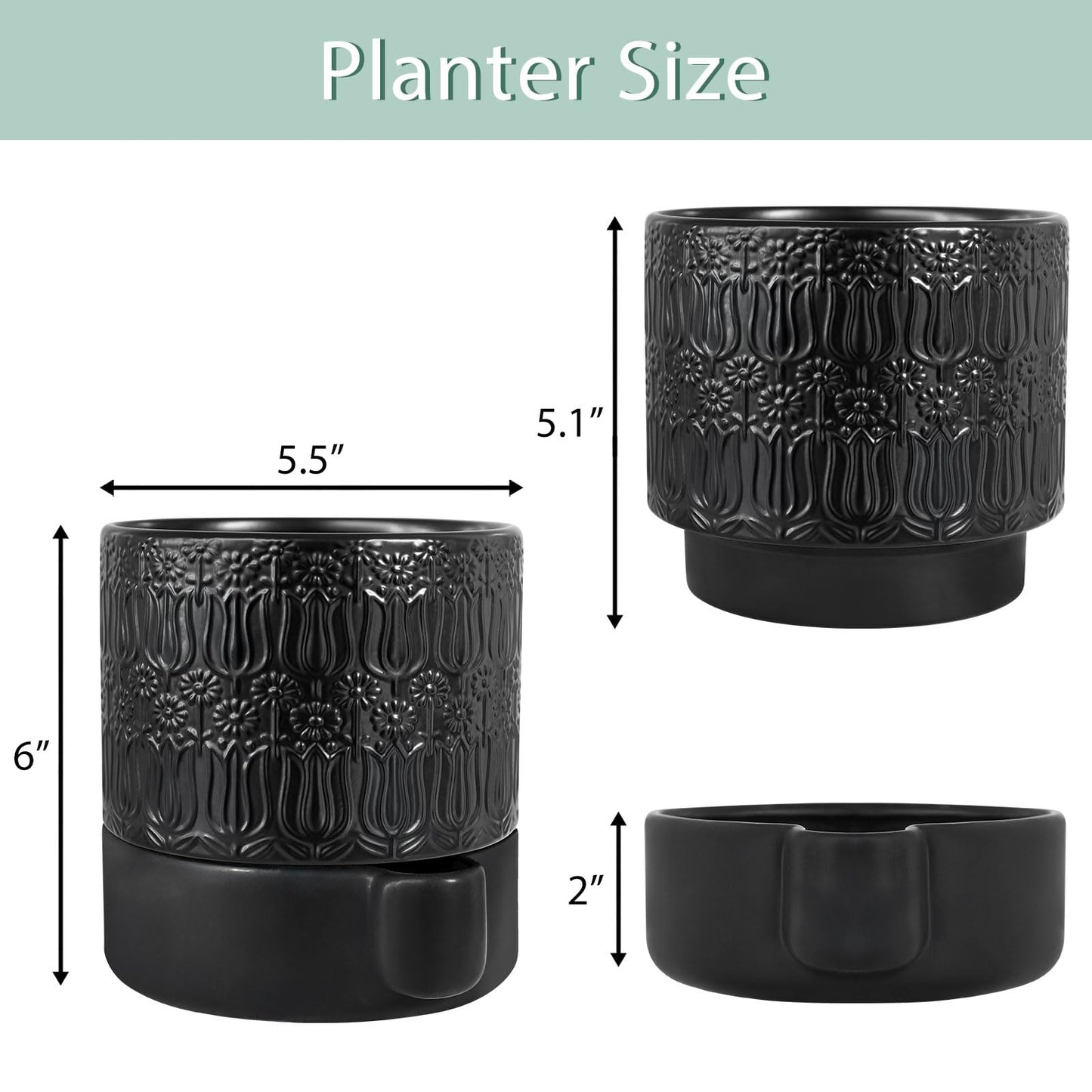 AmiCera Ceramic Plant Pots, Ceramic Outdoor Planters with Drainage Holes, Modern Planters for Indoor Plants, Black Flower Pot Relief Design, Decorative Gardening Gift for Plant Lover, 5.5 Inch