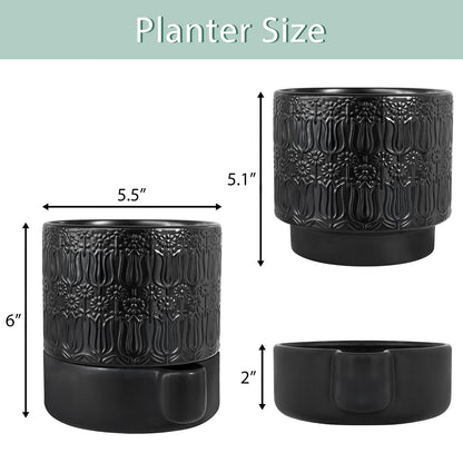 AmiCera Ceramic Plant Pots, Ceramic Outdoor Planters with Drainage Holes, Modern Planters for Indoor Plants, Black Flower Pot Relief Design, Decorative Gardening Gift for Plant Lover, 5.5 Inch